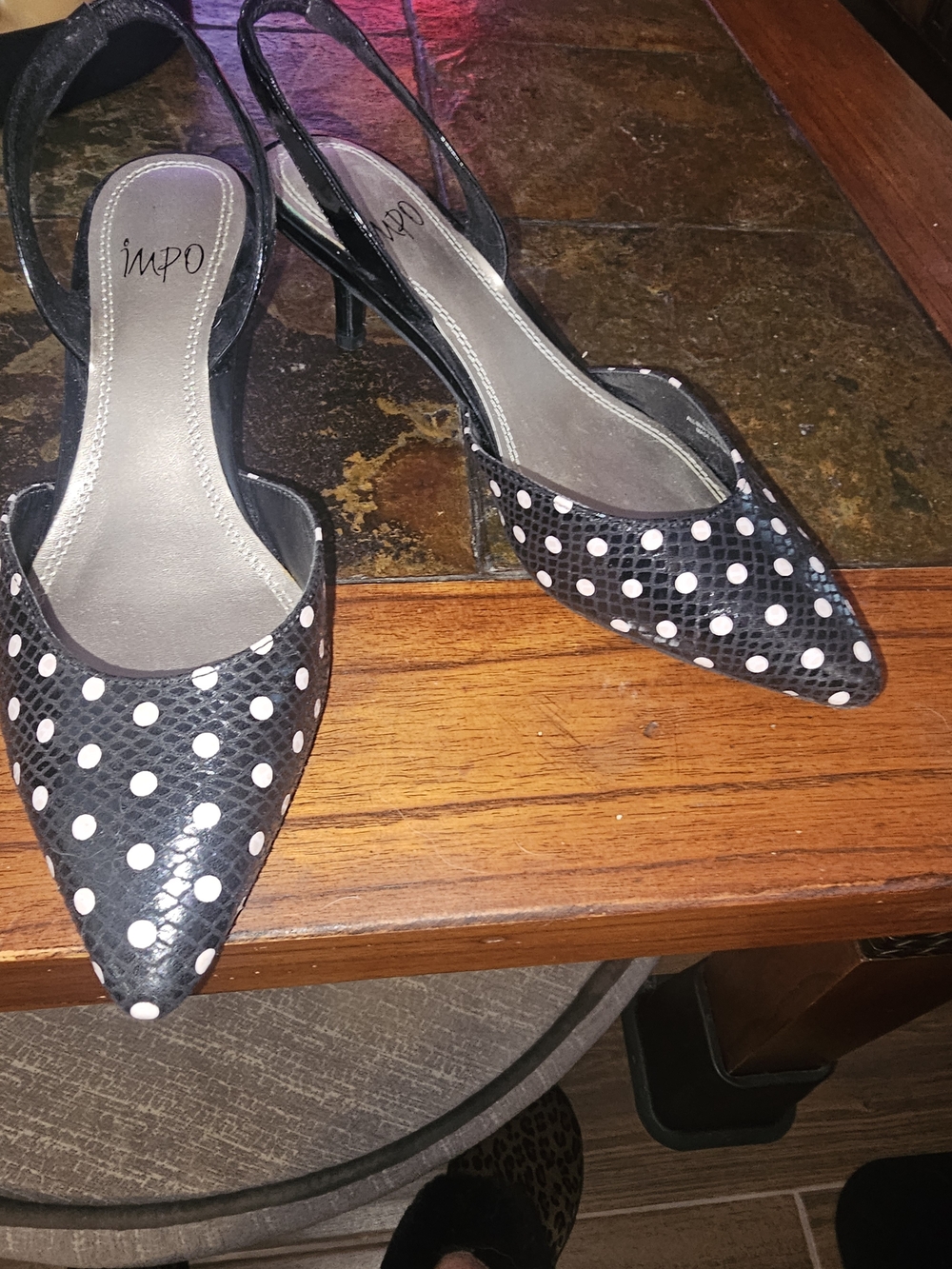 IMPO Black Slingback Pointed Heels with White Polka Dots